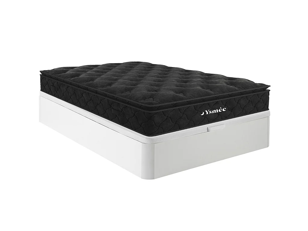Ensemble 140 x 190 cm sommier coffre blanc + matelas ressorts ensachés surmatelas intégré ép.28cm - BLACK DREAM de YSMÉE