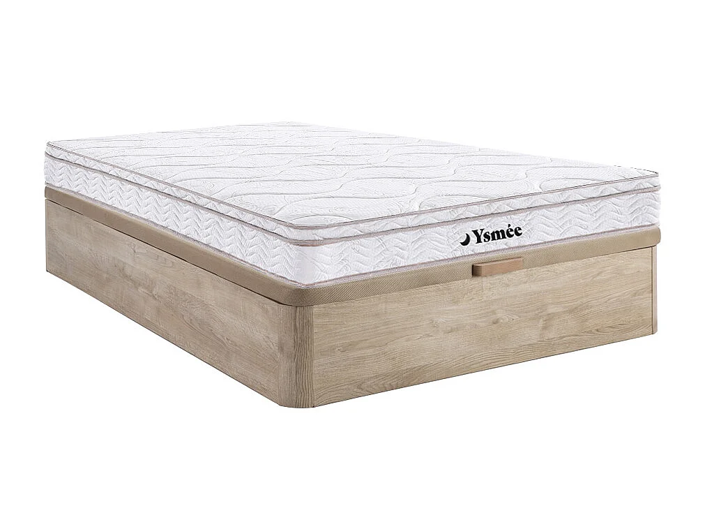 Conjunto 160x200 cm sommier com espaço de arrumação natural claro + colchão molas 3 zonas e memória de forma esp. 20 cm - WOLKENTANZ de YSMÉE