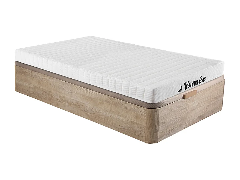 Säng 90 x 190 cm med förvaringssäng i ljust trä + skummadrass med 7 zoner 12 cm tjock - STELO KIDS från YSMÉE