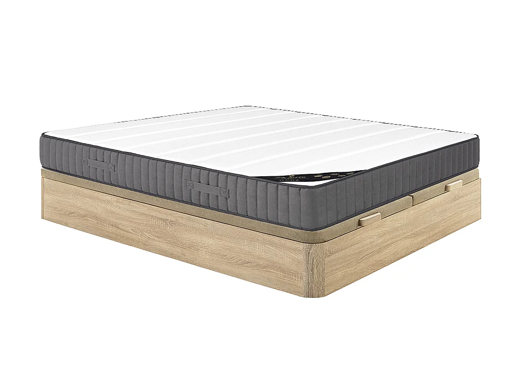 Sæt 180 x 200 cm sengeopbevaring i lys naturtræ + hybrid madras med 7-zone posefjeder og højelastisk skum, 26 cm tykkelse - AUDACE fra PALACIO