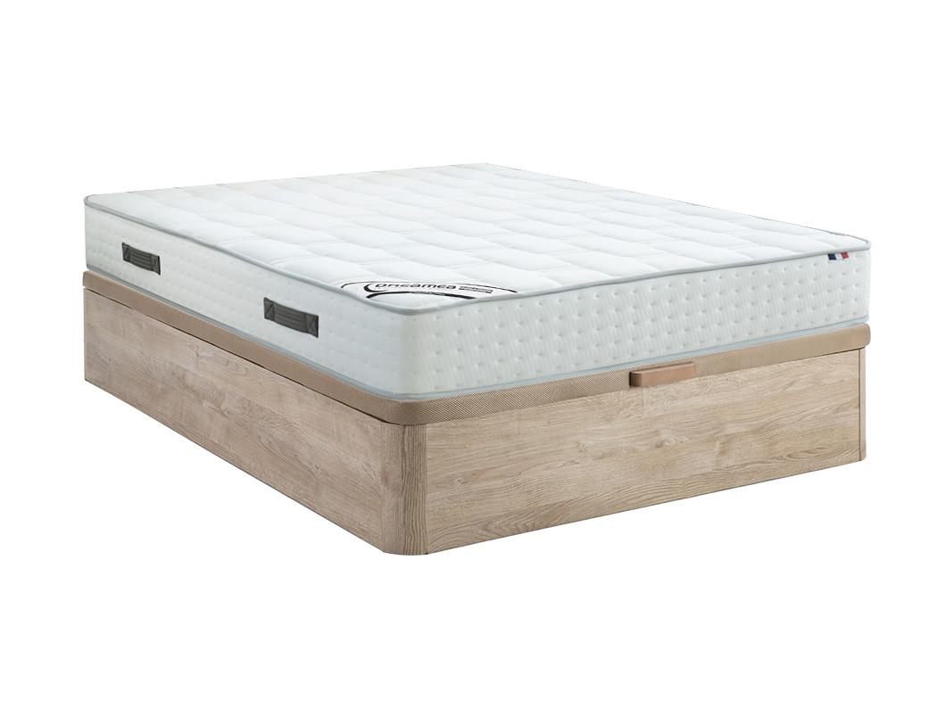 Ensemble 140 x 190 cm sommier coffre naturel clair + matelas hybride ressorts ensachés 7 zones mousse à mémoire de forme ép.25cm - IONIA de DREAMEA