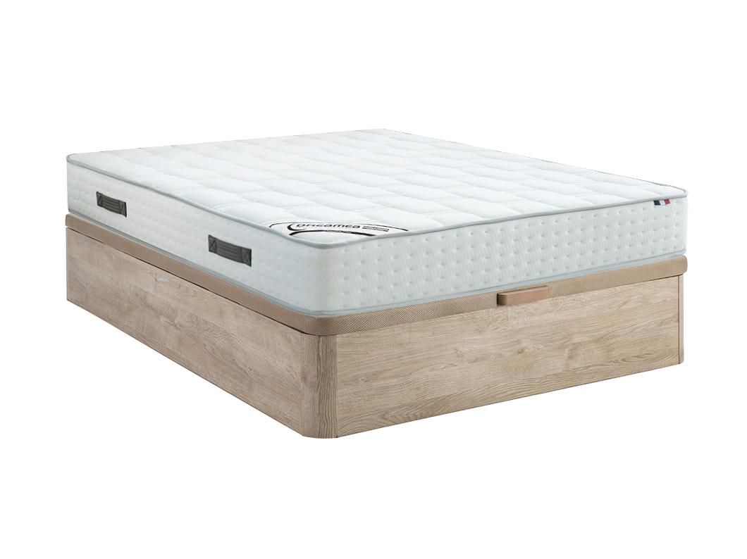 Ensemble 160 x 200 cm sommier coffre naturel clair + matelas ressorts ensachés 7 zones mousse à mémoire de forme ép.25cm - IONIA de DREAMEA