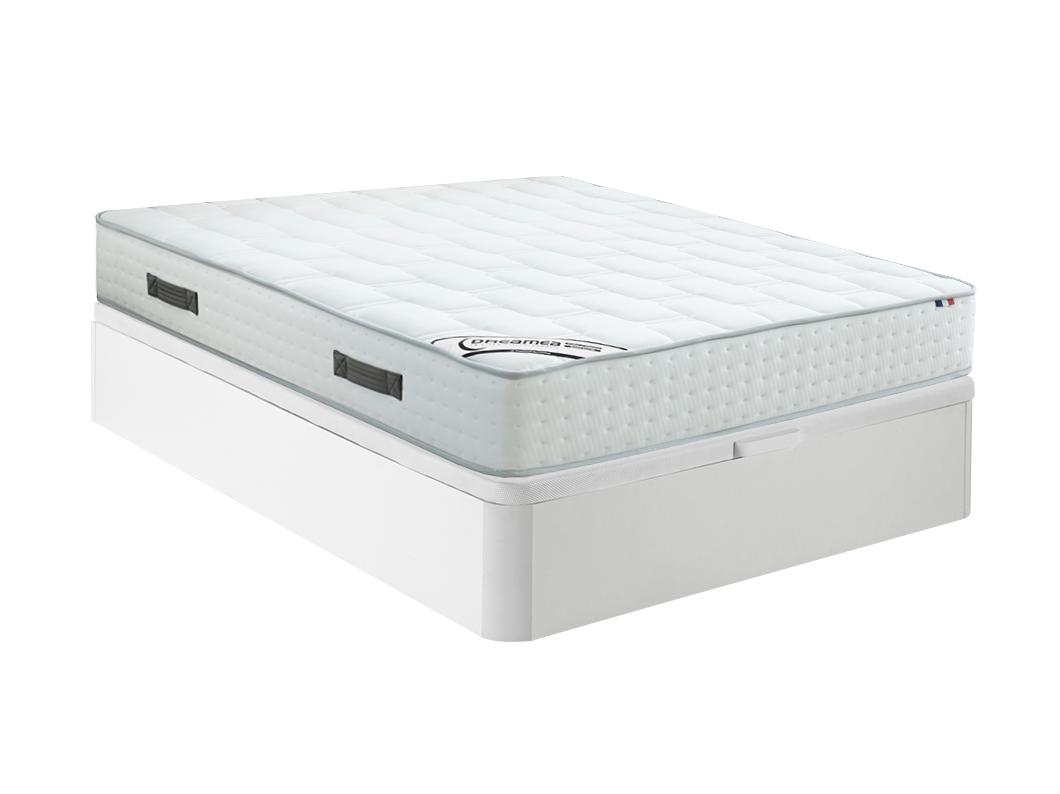 Ensemble 160 x 200 cm sommier coffre blanc + matelas ressorts ensachés 7 zones mousse à mémoire de forme ép.25cm - IONIA de DREAMEA