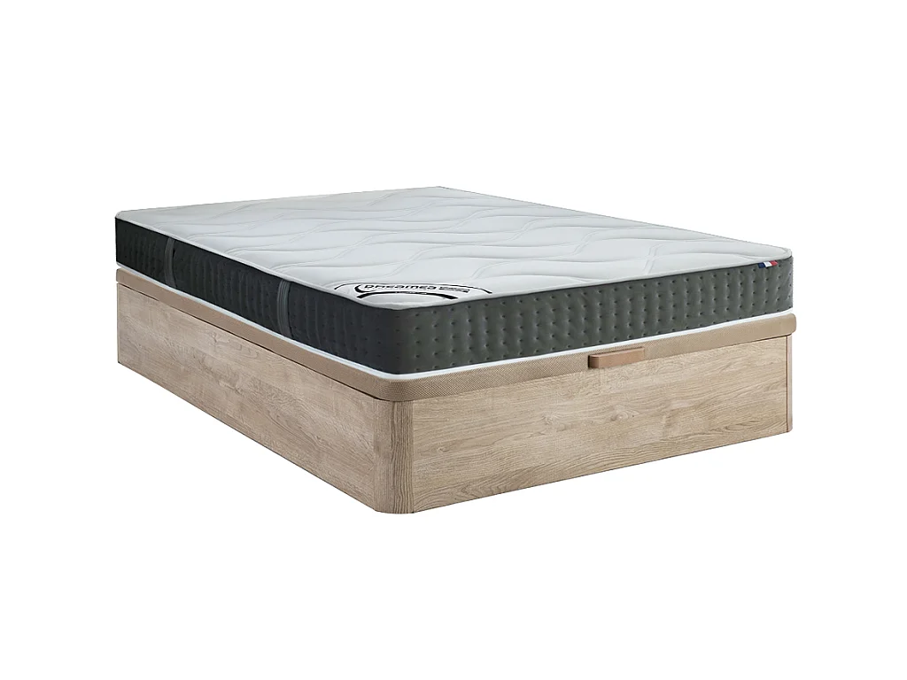 Ensemble 160 x 200 cm sommier coffre naturel clair + matelas hybride ressorts ensachés 7 zones et mémoire de forme ép.25cm - TIAMAT de DREAMEA
