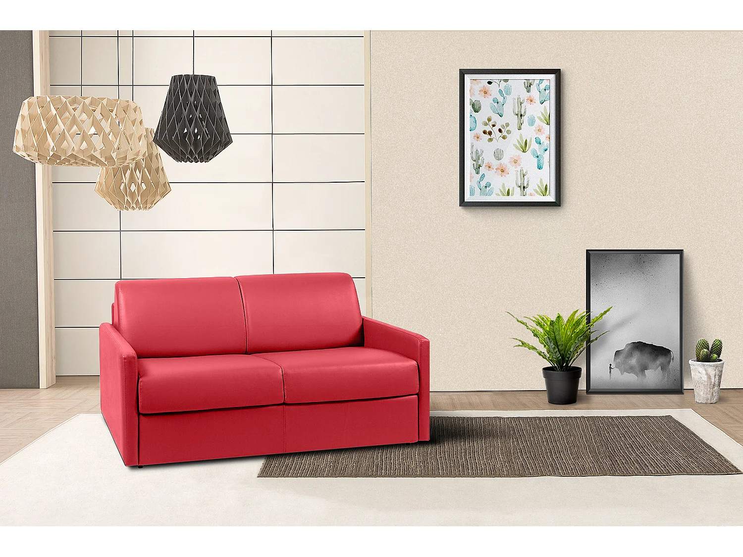 2-personers sovesofa express i rødt kunstlæder med memory foam sæde - Sovemål 120 cm - Madras 14 cm CALIFE