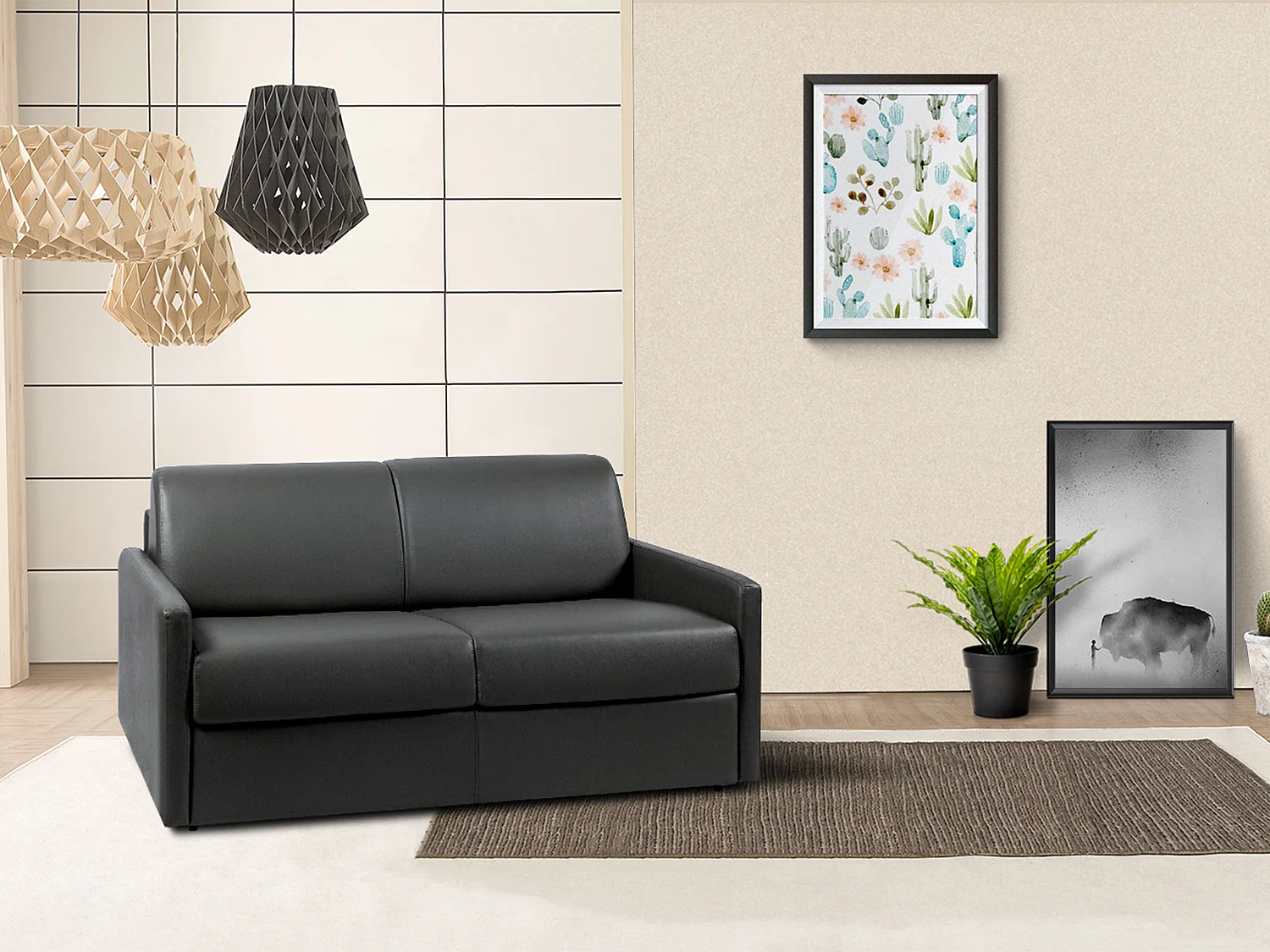 Canapé 2 places  convertible express en simili noir avec assise mémoire de forme - Couchage 120 cm - Matelas 22 cm mémoire de forme CALIFE