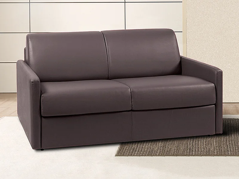 Canapé 3 places convertible express en simili marron avec assise mémoire de forme - Couchage à lattes larges 140 cm - Matelas 14 cm CALIFE
