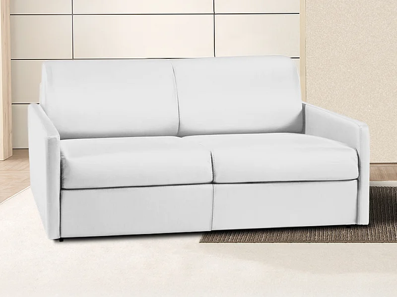 Canapé 3 places convertible express en simili blanc avec assise mémoire de forme - Couchage à lattes larges 140 cm - Matelas 18 cm CALIFE