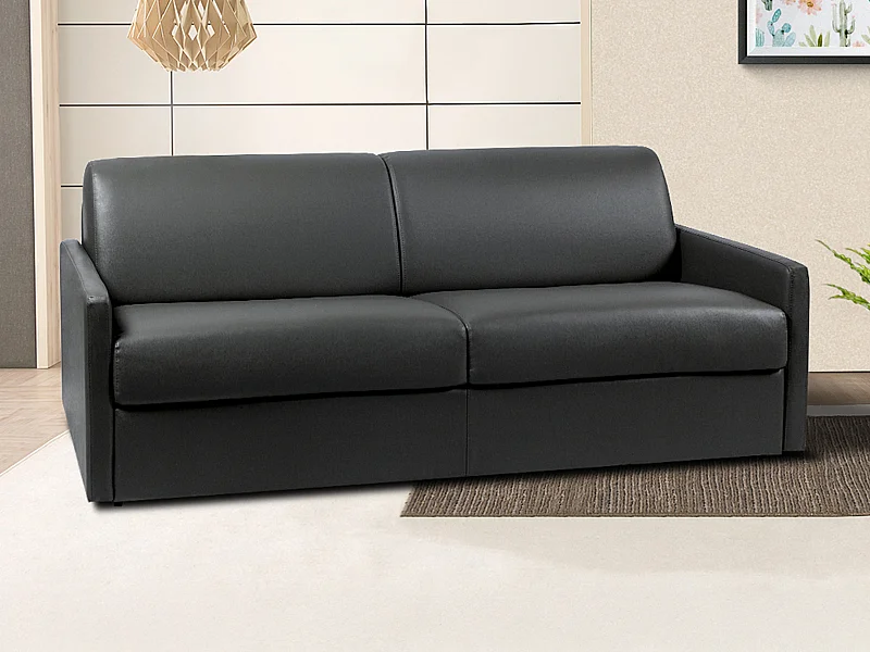 Canapé 4 places convertible express en simili noir avec assise mémoire de forme - Couchage à lattes larges 160 cm - Matelas 14 cm CALIFE