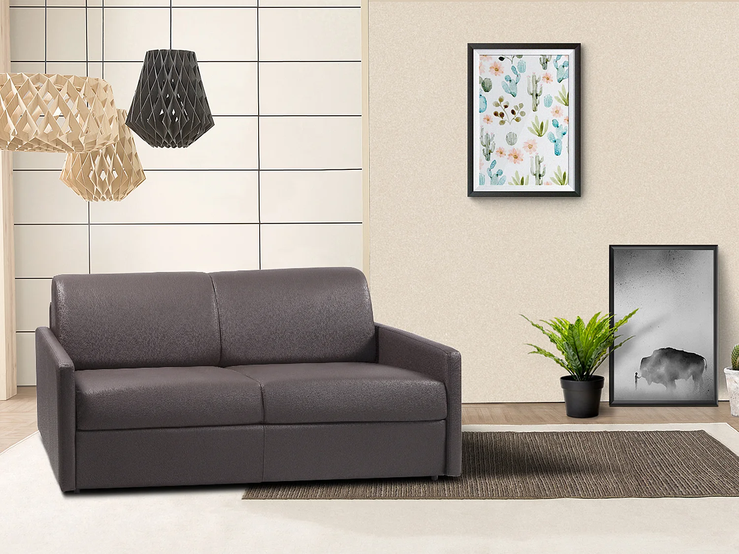 Canapé 4 places convertible express en simili gris avec assise mémoire de forme - Couchage à lattes larges 160 cm - Matelas 18 cm CALIFE