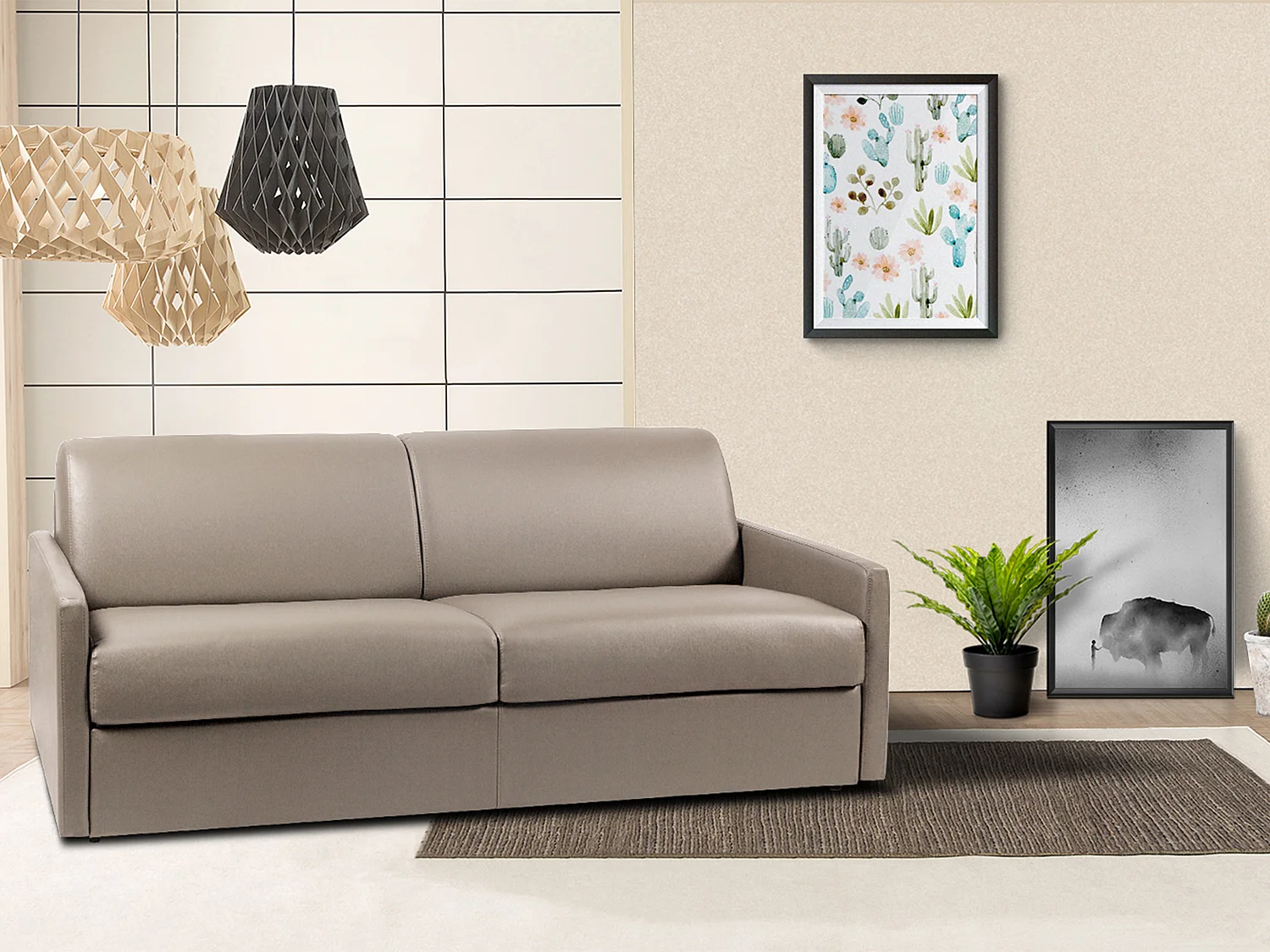 Canapé 4 places convertible express en simili taupe avec assise mémoire de forme - Couchage à lattes larges 160 cm - Matelas 18 cm CALIFE