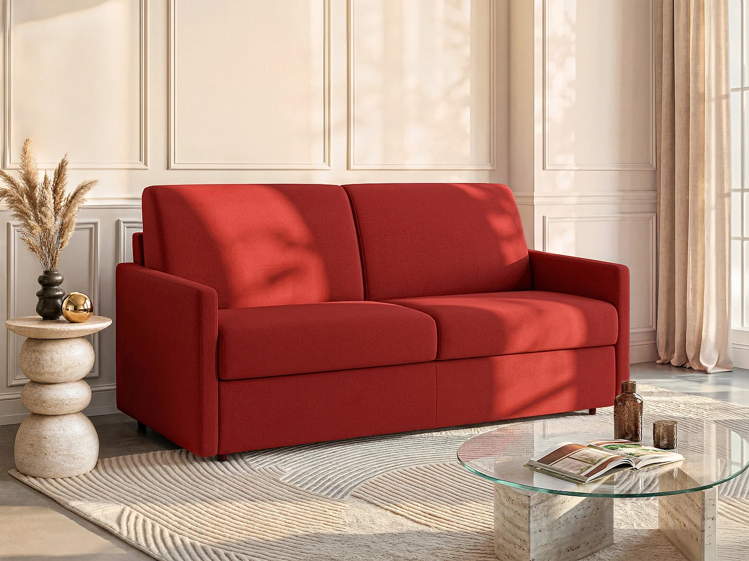 Canapé 4 places convertible express en simili rouge avec assise mémoire de forme - Couchage 160 cm - Matelas 14 cm CALIFE