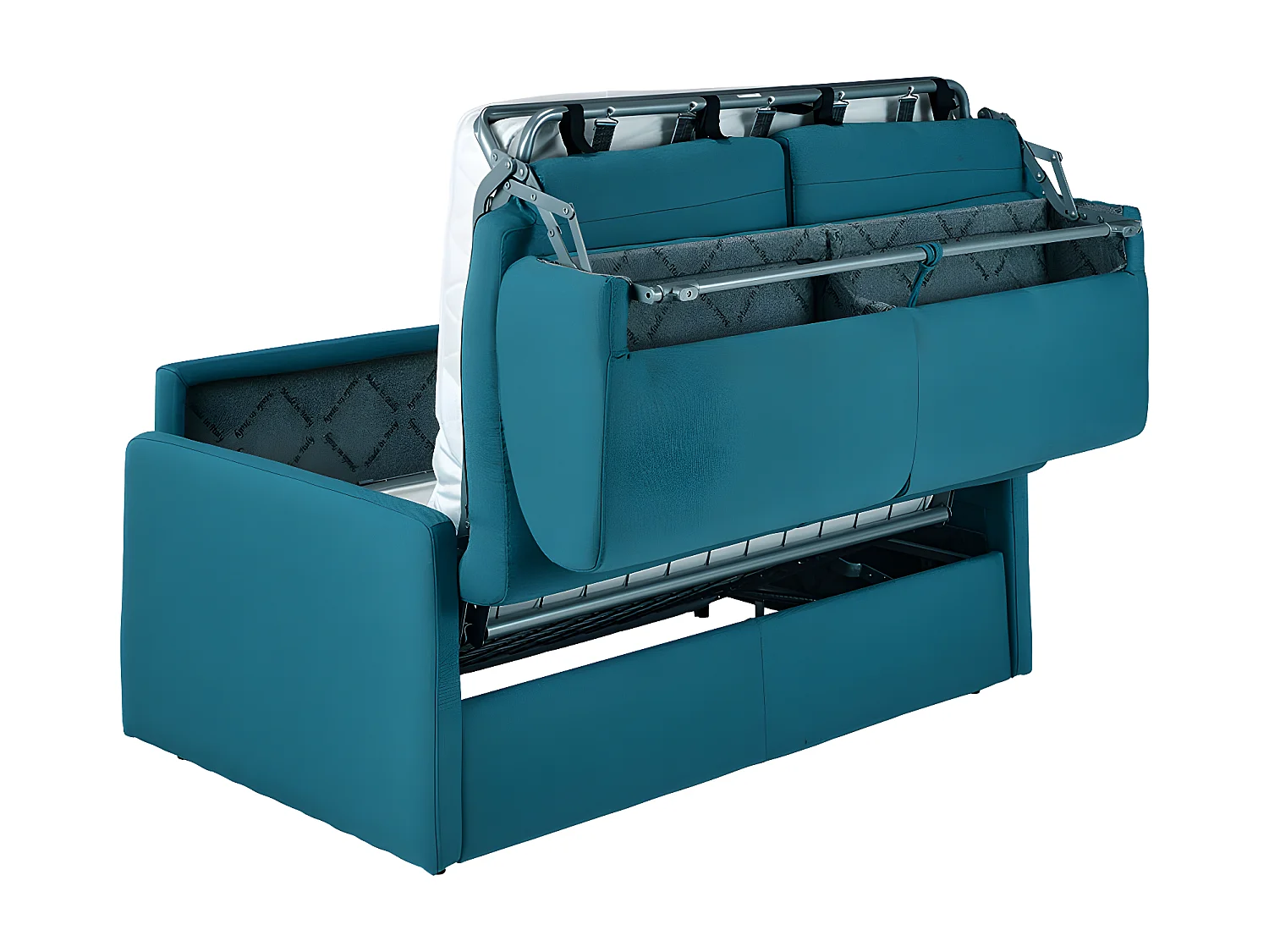 Canapé 2 places convertible express en tissu bleu turquoise avec assise mémoire de forme - Couchage 120 cm - Matelas 14 cm CALIFE