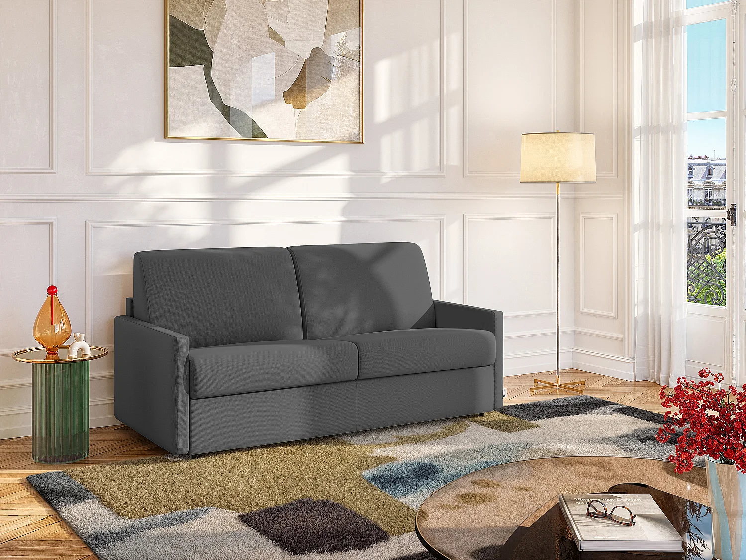 Canapé 2 places convertible express en tissu gris avec assise mémoire de forme - Couchage 120 cm - Matelas 14 cm CALIFE