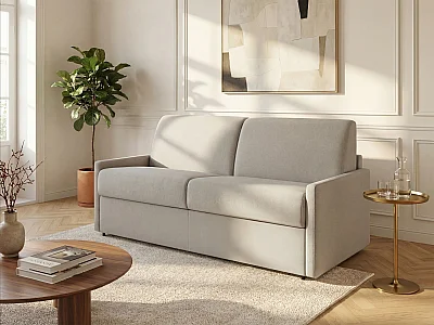 Divano letto 2 posti express in tessuto beige con seduta memory foam - Letto 120 cm - Materasso 22 cm memory foam - - CALIFE