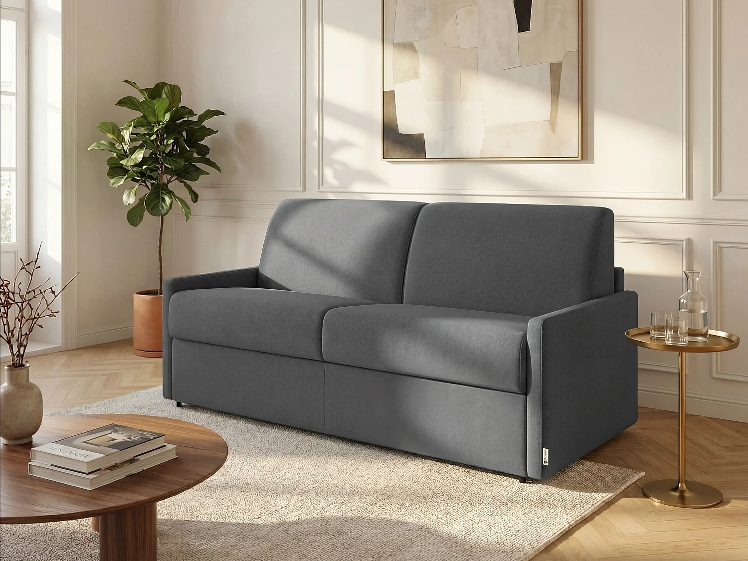 Sofá cama de 2 plazas exprés en tela gris con asiento viscoelástico - Cama 120 cm - Colchón 22 cm viscoelástico CALIFE