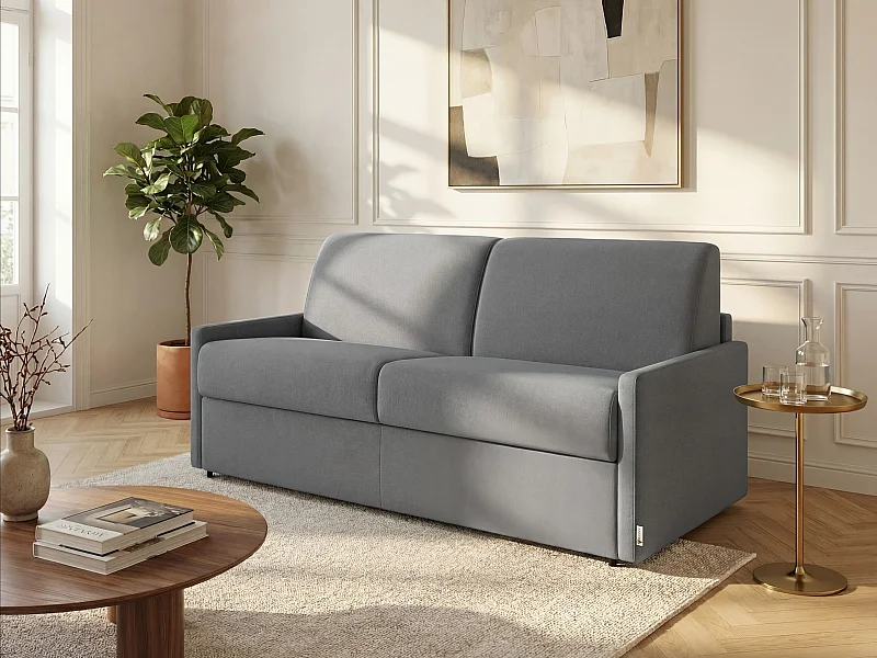 Canapé 2 places convertible express en tissu gris clair avec assise mémoire de forme - Couchage 120 cm - Matelas 22 cm mémoire de forme CALIFE