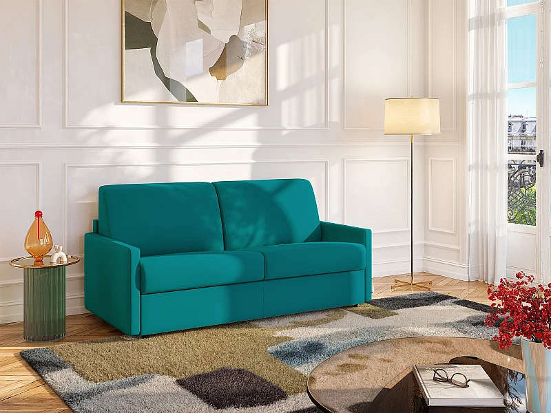 Canapé Design Bleu Roi Velours – 230cm, Avec Coussins, Urgent Déménagement