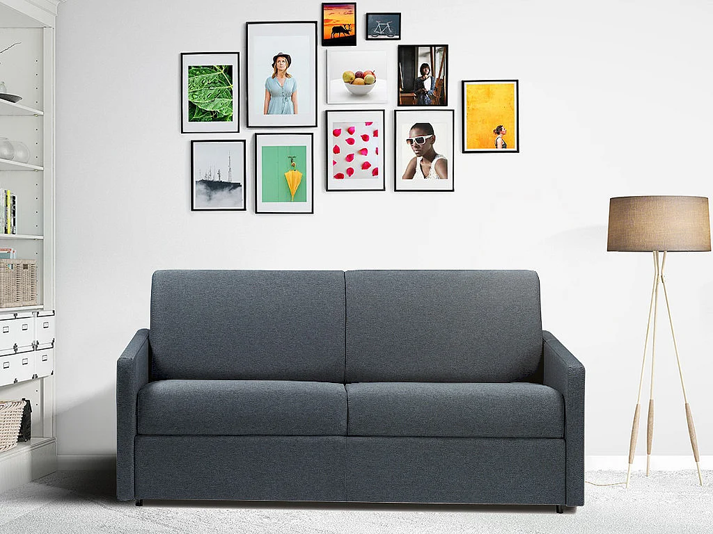 Sofá cama de 3 plazas exprés en tela azul turquesa con asiento viscoelástico - Somier de lamas anchas 140 cm - Colchón 18 cm CALIFE