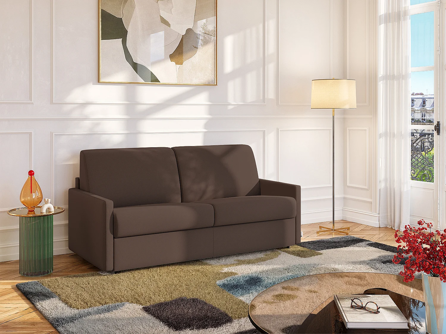 Canapé 3 places convertible express en tissu marron avec assise mémoire de forme - Couchage 140 cm - Matelas 14 cm CALIFE