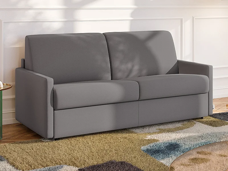 Canapé 3 places convertible express en tissu gris clair avec assise mémoire de forme - Couchage 140 cm - Matelas 18 cm CALIFE
