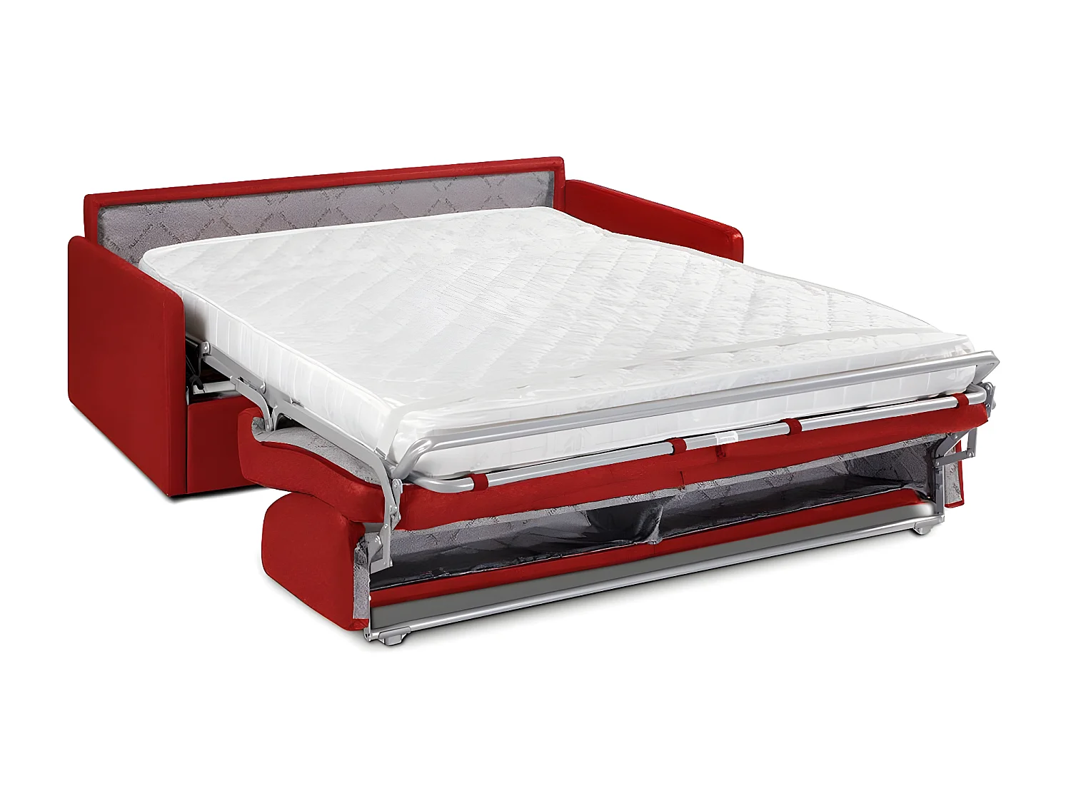 Canapé 4 places convertible express en tissu rouge avec assise mémoire de forme - Couchage à lattes larges 160 cm - Matelas 14 cm CALIFE