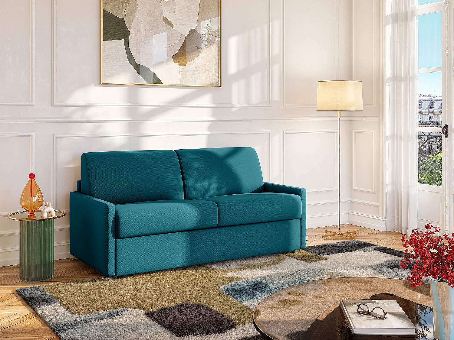Canapé 4 places convertible express en tissu bleu turquoise avec assise mémoire de forme - Couchage 160 cm - Matelas 22 cm mémoire de forme CALIFE