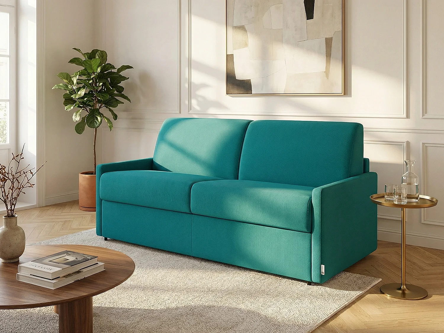 Sofá cama de 4 plazas exprés en tela azul turquesa con asiento viscoelástico - Cama 160 cm - Colchón 22 cm memoria de forma CALIFE