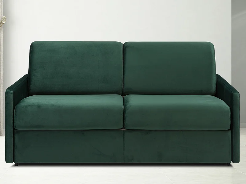 Canapé 2 places convertible express en velours vert sapin avec assise mémoire de forme - Couchage 120 cm - Matelas 14 cm CALIFE