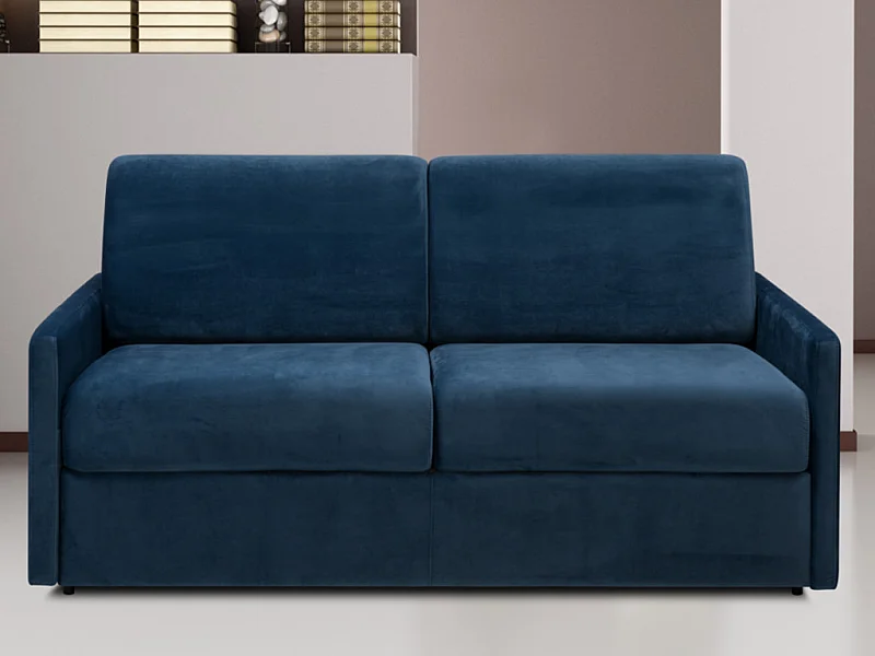Canapé 2 places convertible express en velours bleu nuit avec assise mémoire de forme - Couchage 120 cm - Matelas 18 cm CALIFE