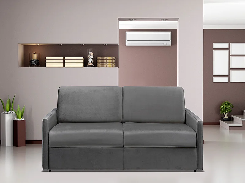 Canapé 2 places convertible express en velours gris anthracite avec assise mémoire de forme - Couchage 120 cm - Matelas 18 cm CALIFE