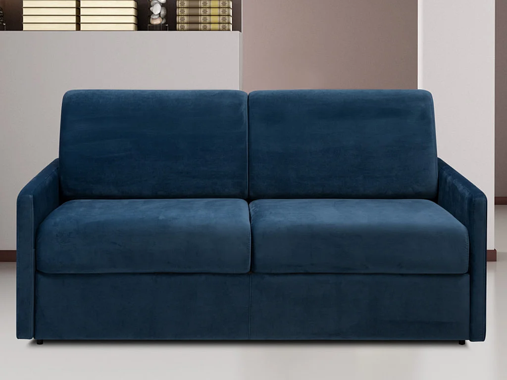 Canapé 2 places convertible express en velours bleu nuit avec assise mémoire de forme - Couchage 120 cm - Matelas 22 cm mémoire de forme CALIFE