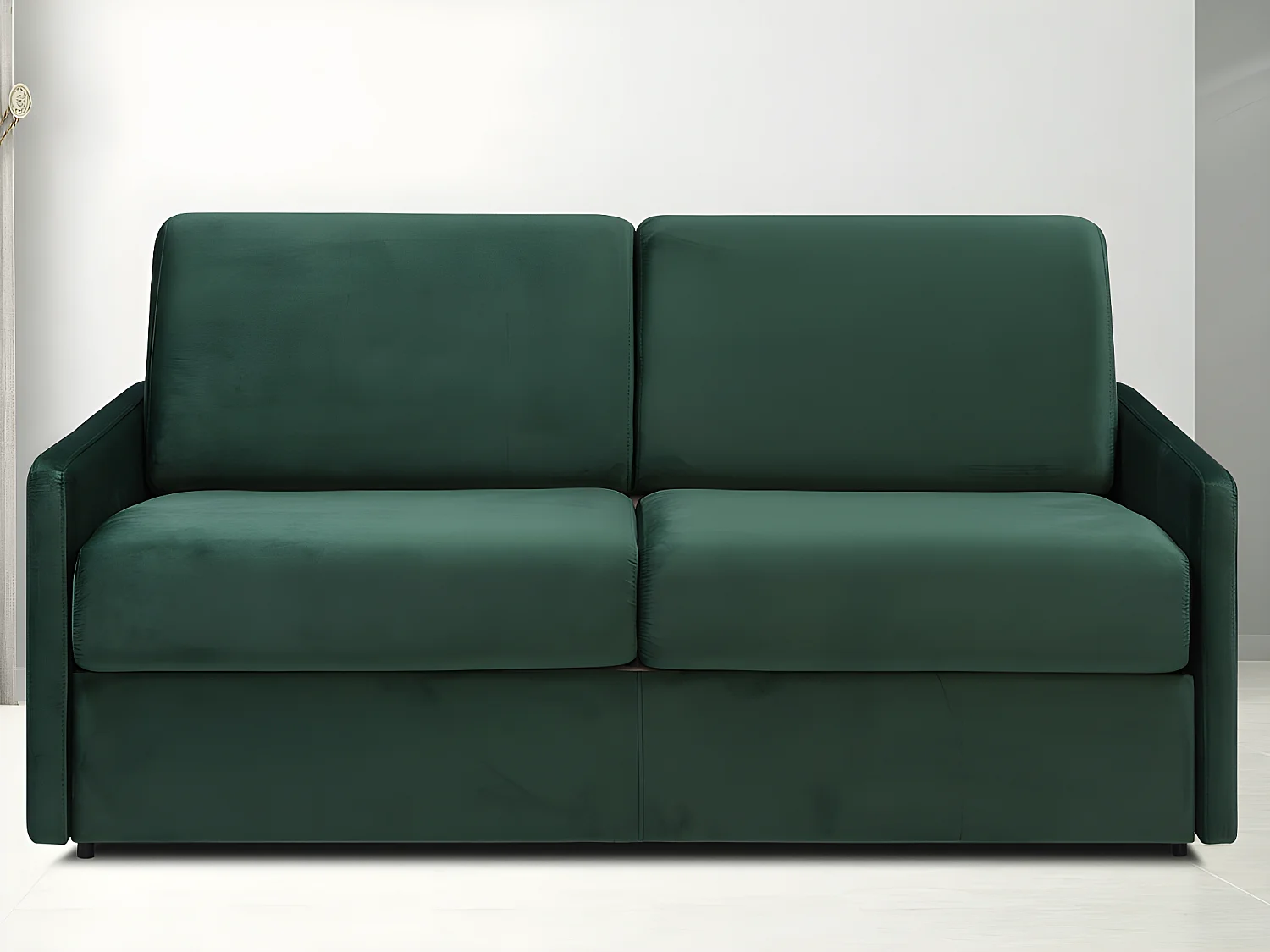 Canapé 3 places convertible express en velours vert sapin avec assise mémoire de forme - Couchage à lattes larges 140 cm - Matelas 14 cm CALIFE