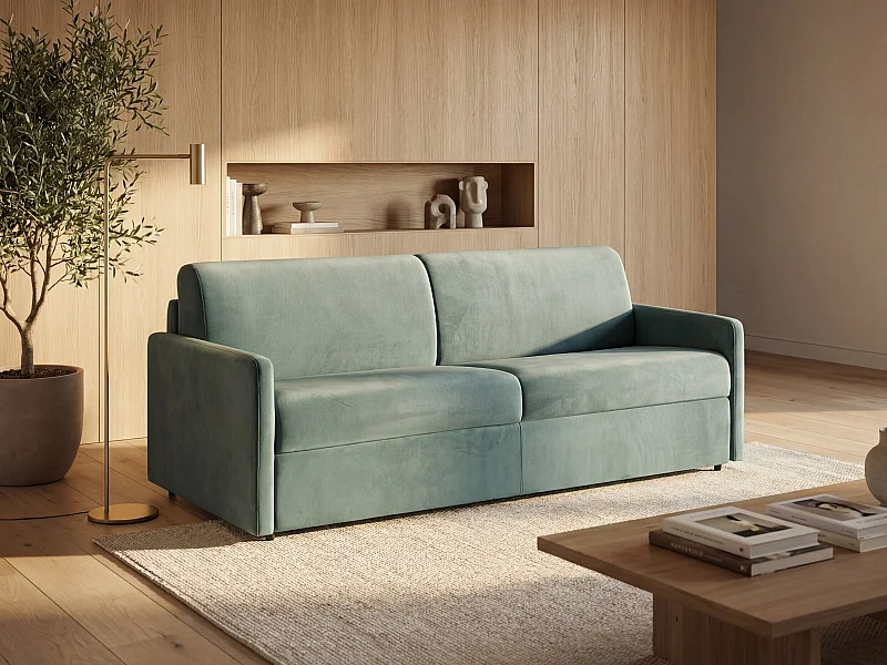 3-Sitzer-Schlafsofa Express aus smaragdgrünem Samt mit Memoryschaum-Sitzfläche - Liegefläche 140 cm - Matratze 14 cm CALIFE
