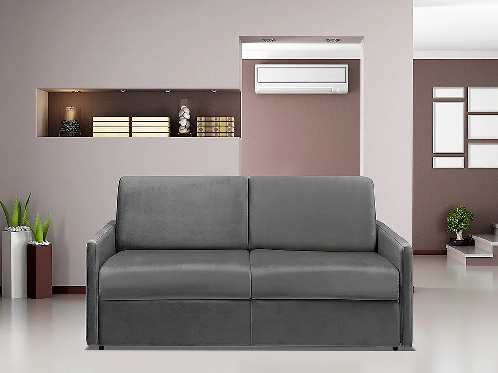 Canapé 3 places convertible express en velours gris anthracite avec assise mémoire de forme - Couchage 140 cm - Matelas 22 cm avec assise mémoire de forme CALIFE