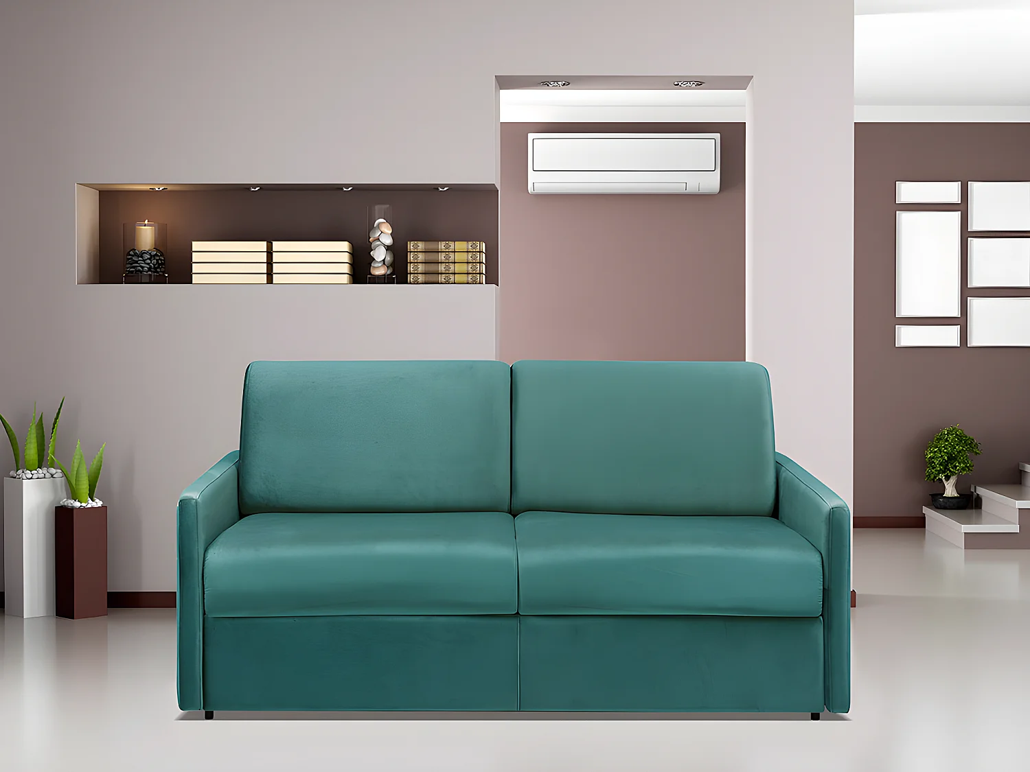 Canapé 3 places convertible express en velours vert émeraude avec assise mémoire de forme - Couchage 140 cm - Matelas 22 cm avec assise mémoire de forme CALIFE