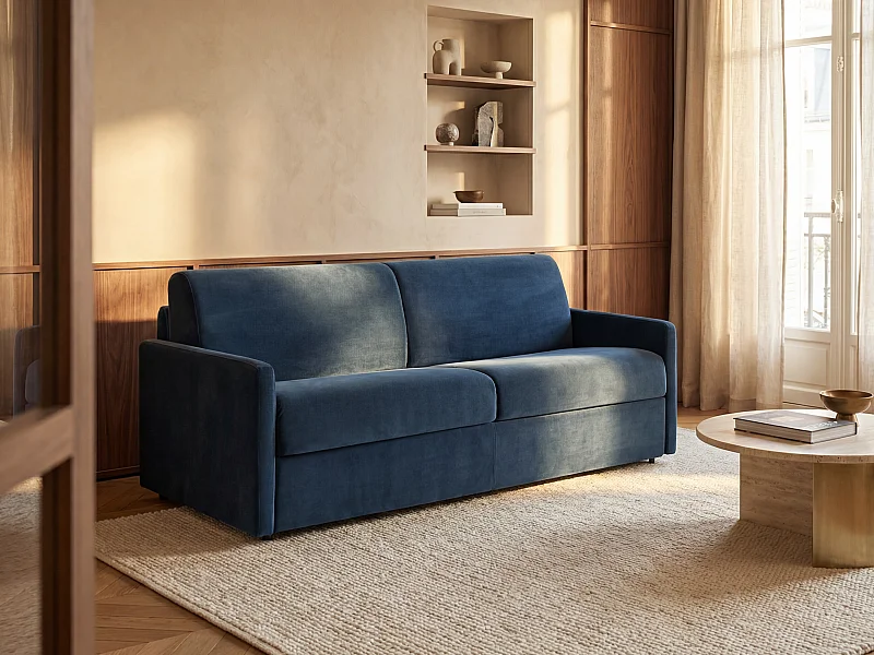 Divano letto 4 posti express in velluto blu notte con seduta memory foam - Letto 160 cm - Materasso 18 cm - CALIFE