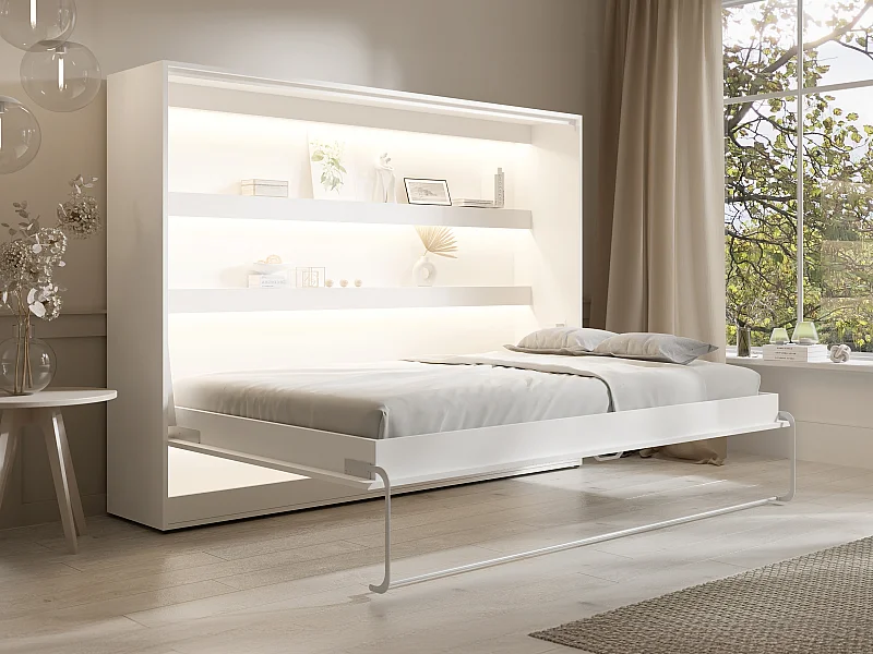 Łóżko chowane w szafie 140 × 200 cm – Otwieranie poziome manualne – oświetlenie LED – Białe –  RAPILI