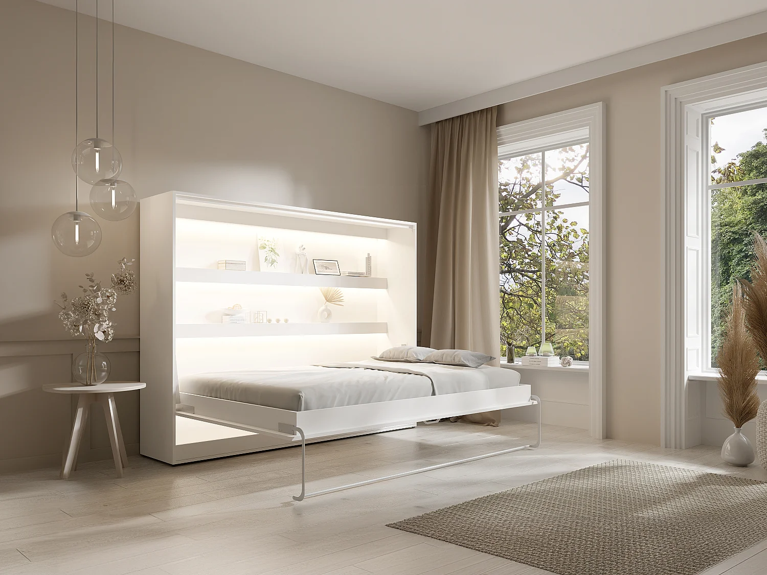 Lit escamotable 140 x 200 cm - Ouverture horizontale manuelle - Avec LEDs - Blanc - RAPILI