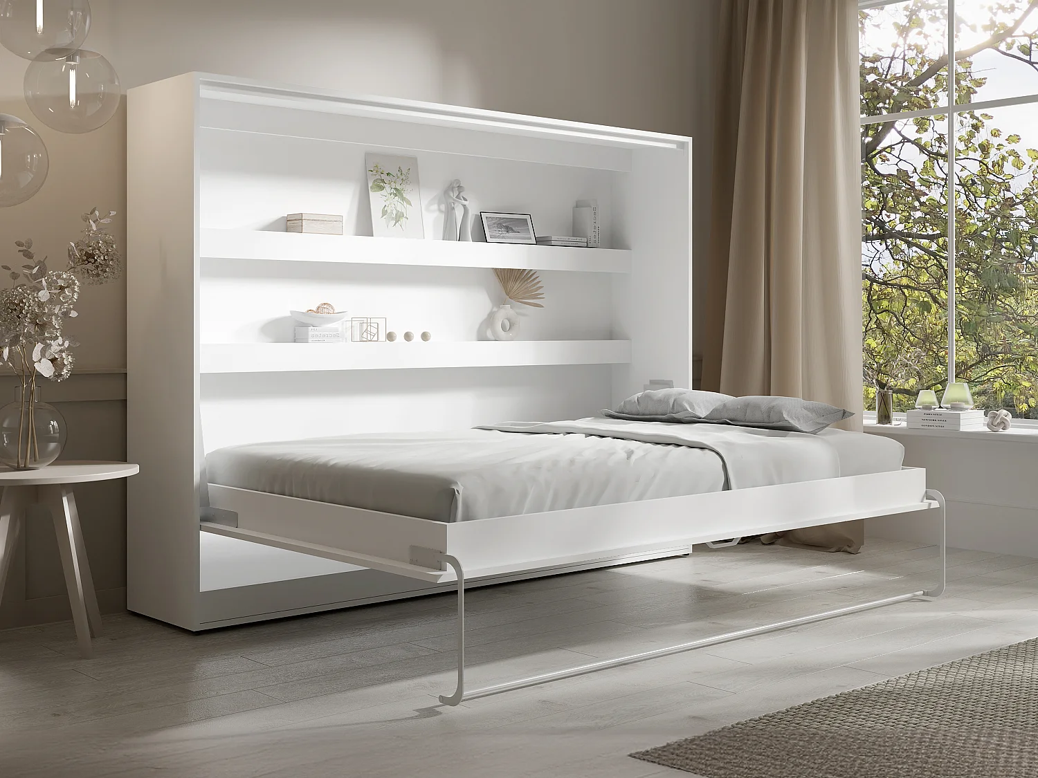 Bedkast 140 x 200 cm - Handmatige horizontale opening - Met ledverlichting - Wit - RAPILI