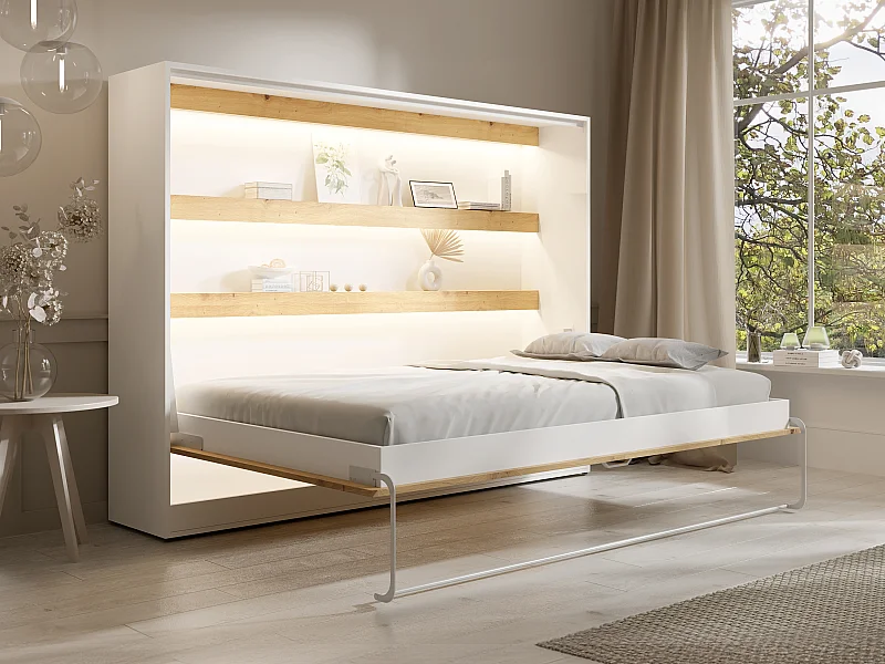 Lit escamotable 140 x 200 cm - Ouverture horizontale manuelle - Avec LEDs - Blanc et naturel - RAPILI
