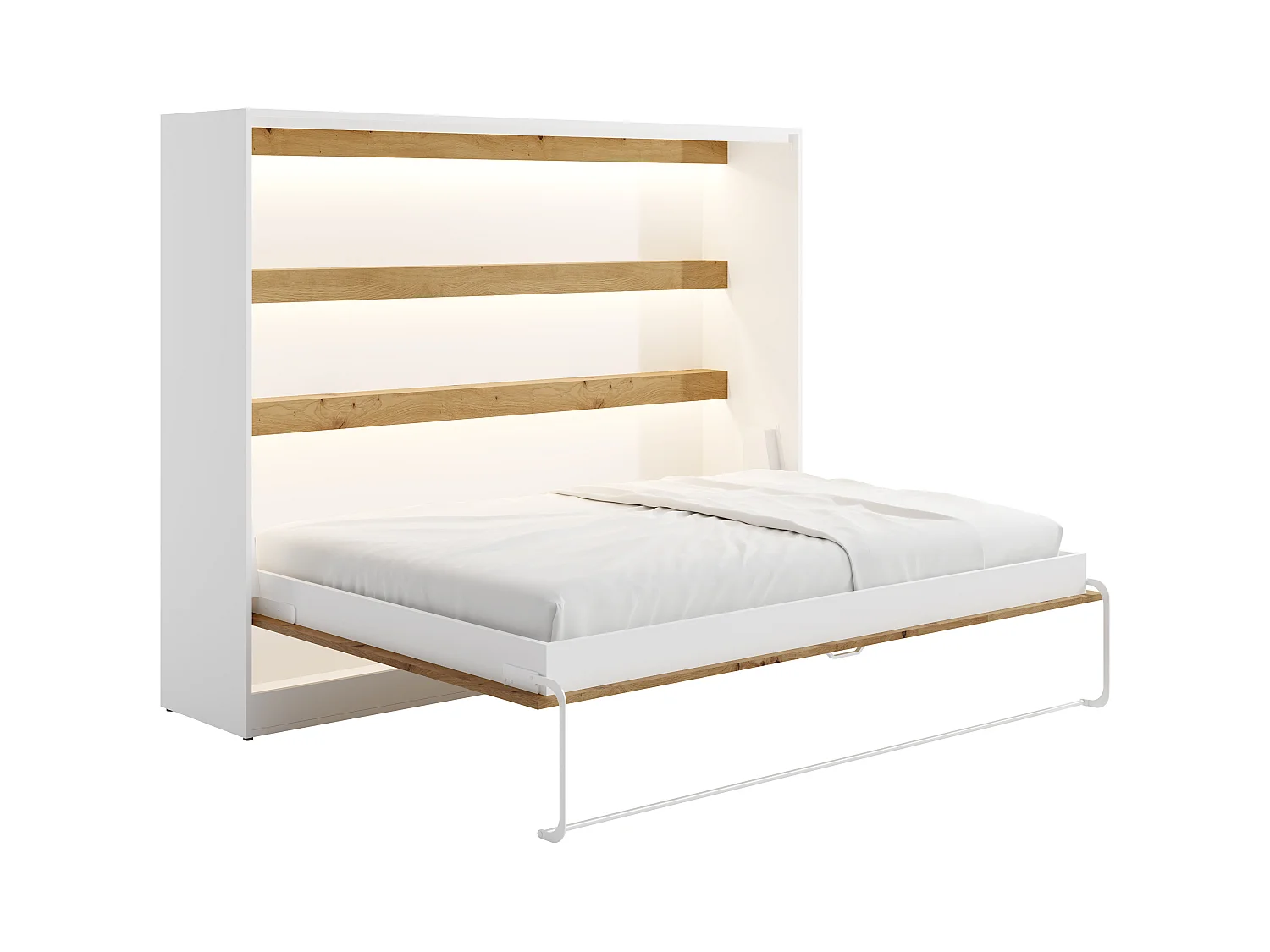 Schrankbett - 140 x 200 cm - Manuelle horizontale Öffnung - Mit LED-Beleuchtung - Weiß & Holzfarben - RAPILI