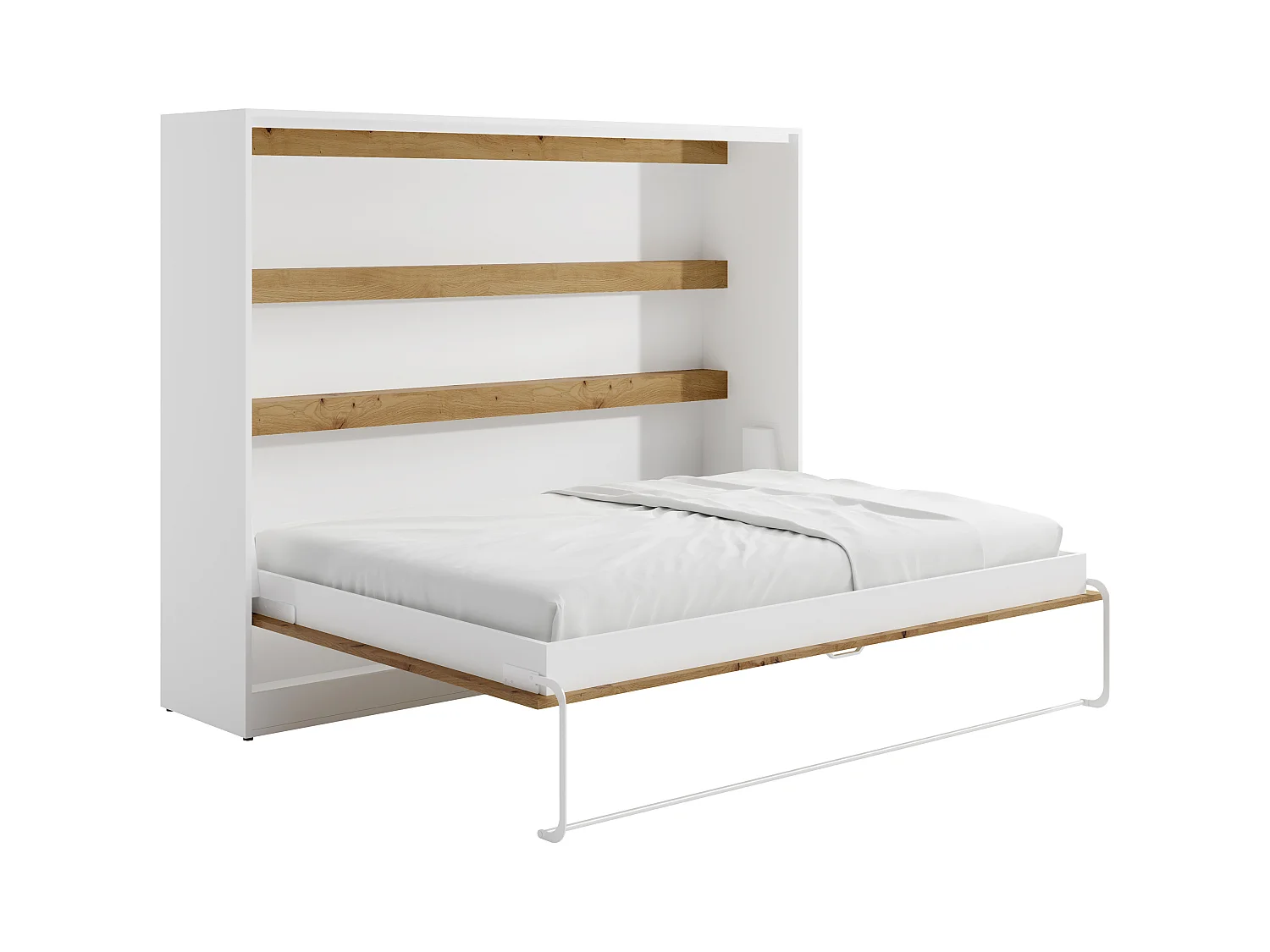 Schrankbett - 140 x 200 cm - Manuelle horizontale Öffnung - Mit LED-Beleuchtung - Weiß & Holzfarben - RAPILI