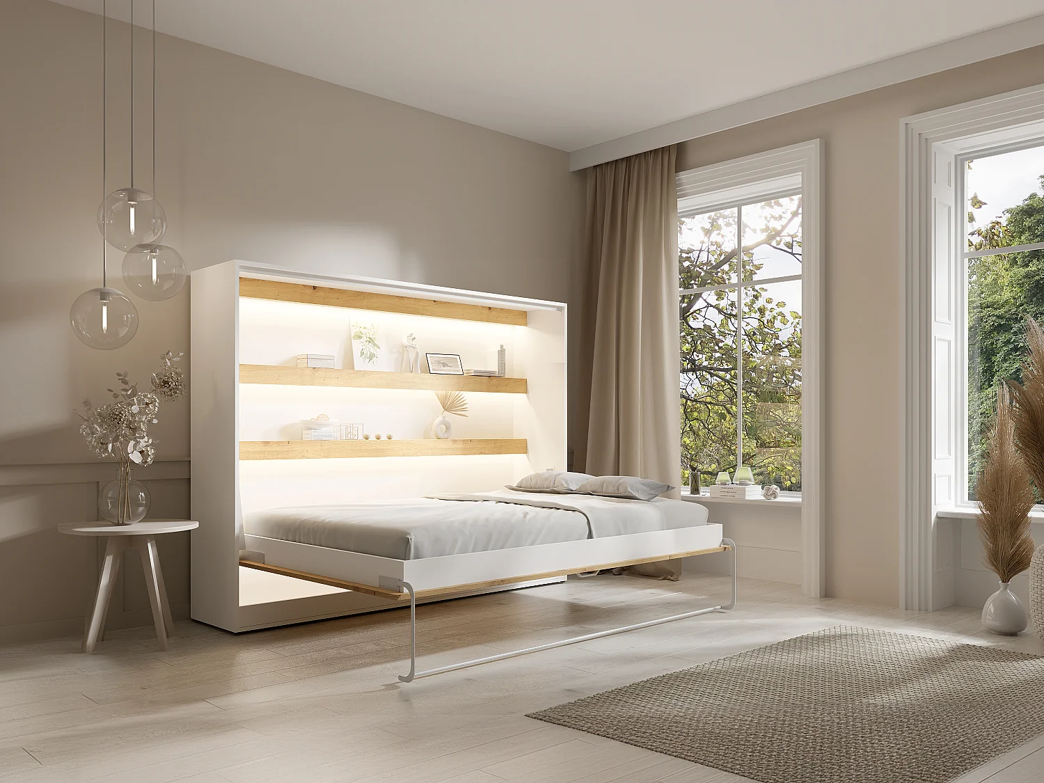 Lit escamotable 140 x 200 cm - Ouverture horizontale manuelle - Avec LEDs - Blanc et naturel - RAPILI