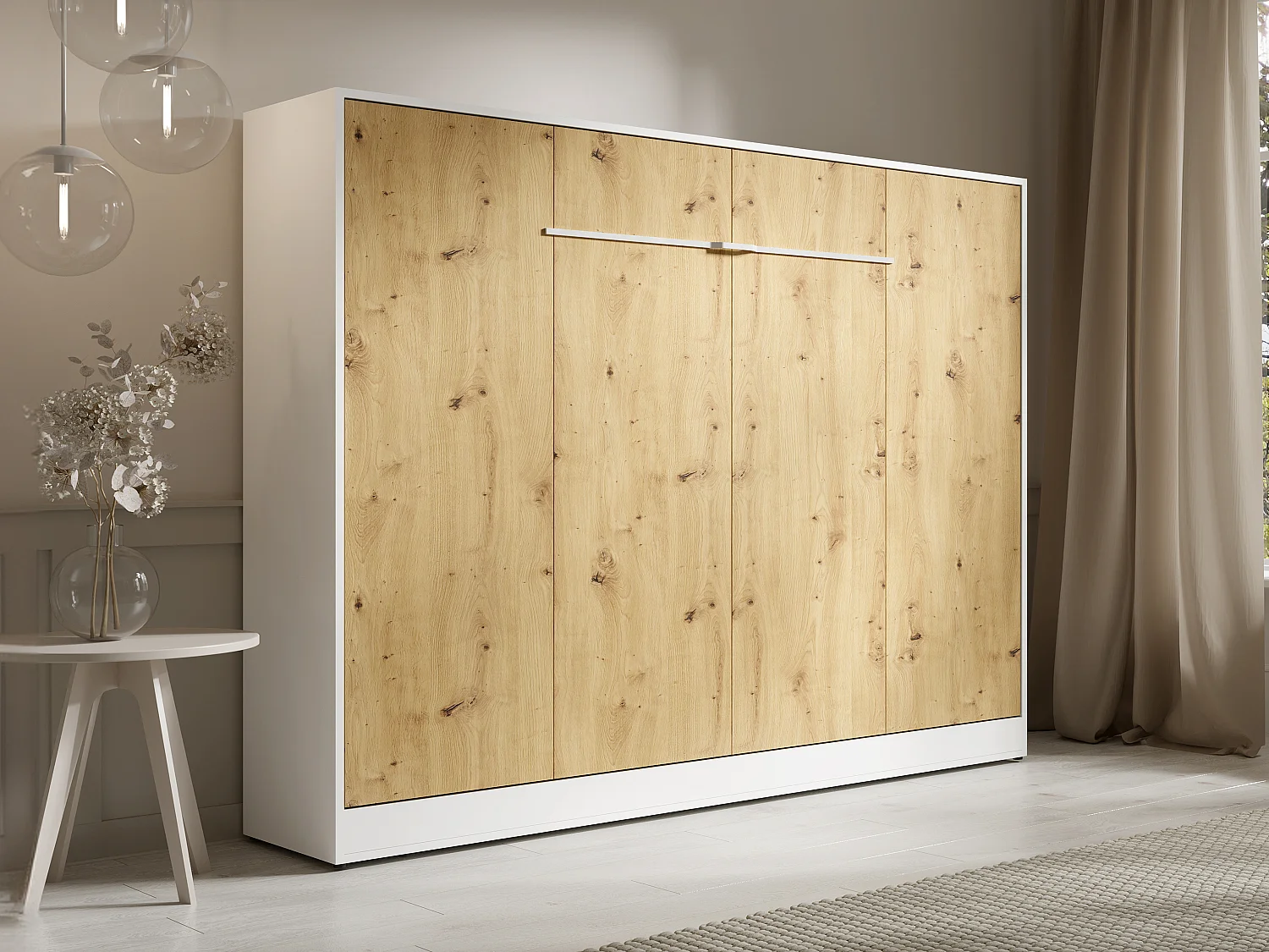 Schrankbett - 140 x 200 cm - Manuelle horizontale Öffnung - Mit LED-Beleuchtung - Weiß & Holzfarben - RAPILI