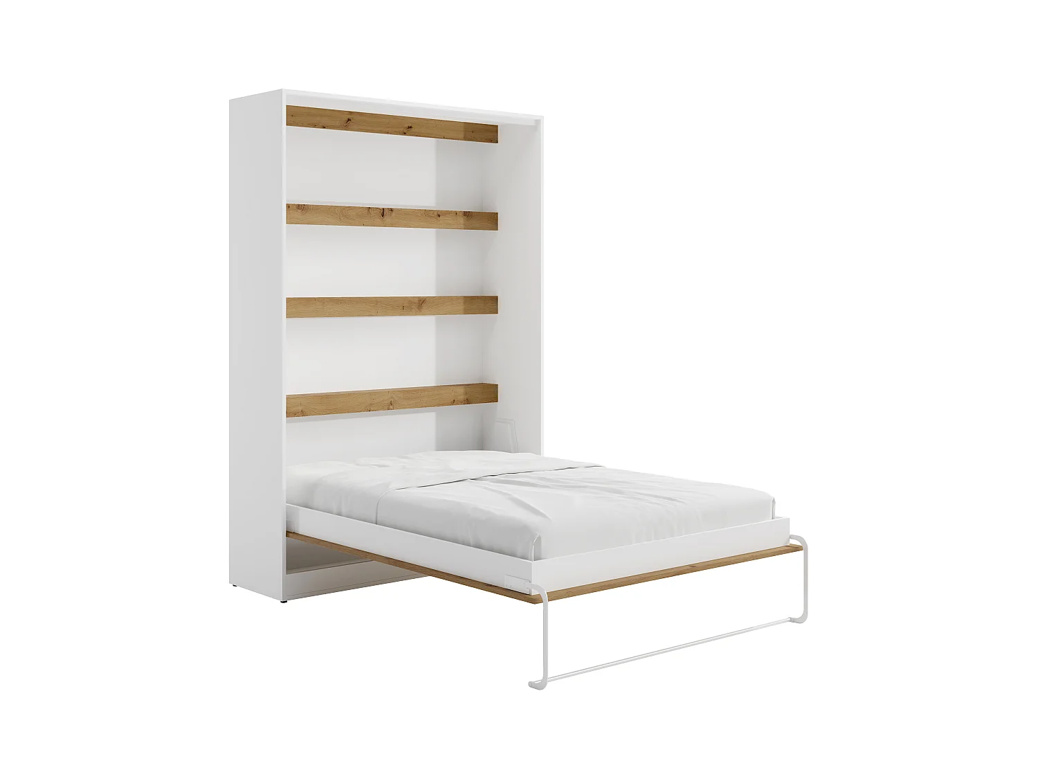 Łóżko chowane w szafie 140 × 200 cm – Otwieranie pionowe manualne – Oświetlenie LED – Białe i naturalne –  RAPILI