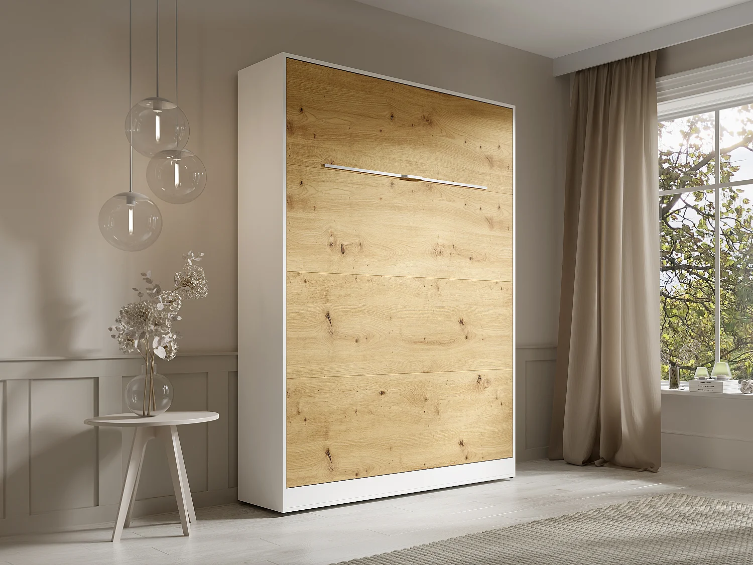 Lit escamotable 140 x 200 cm - Ouverture verticale manuelle - Avec LEDs - Blanc et naturel - RAPILI