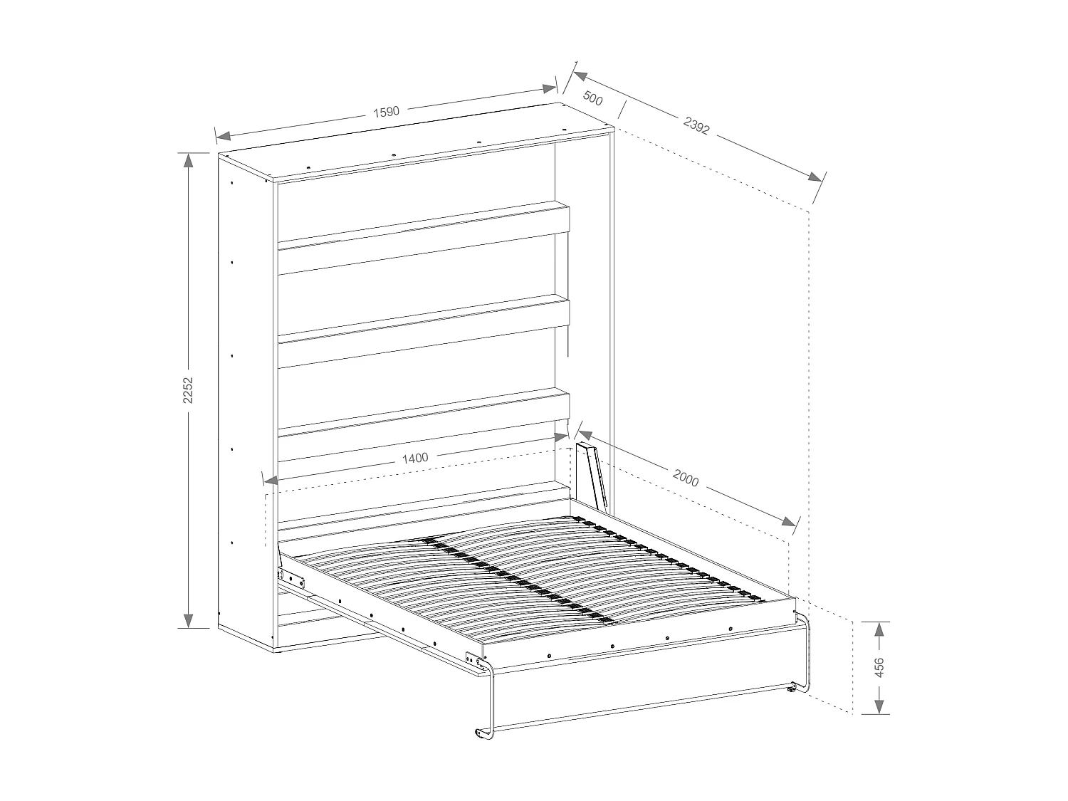 Lit escamotable 140 x 200 cm - Ouverture verticale manuelle - Avec LEDs - Blanc et naturel - RAPILI