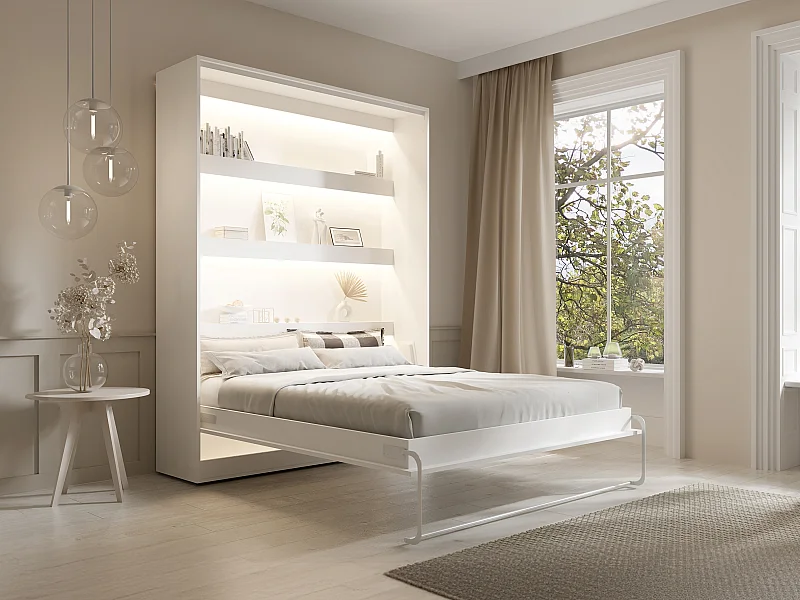 Lit escamotable 160 x 200 cm - Ouverture verticale manuelle - Avec LEDs - Blanc - RAPILI