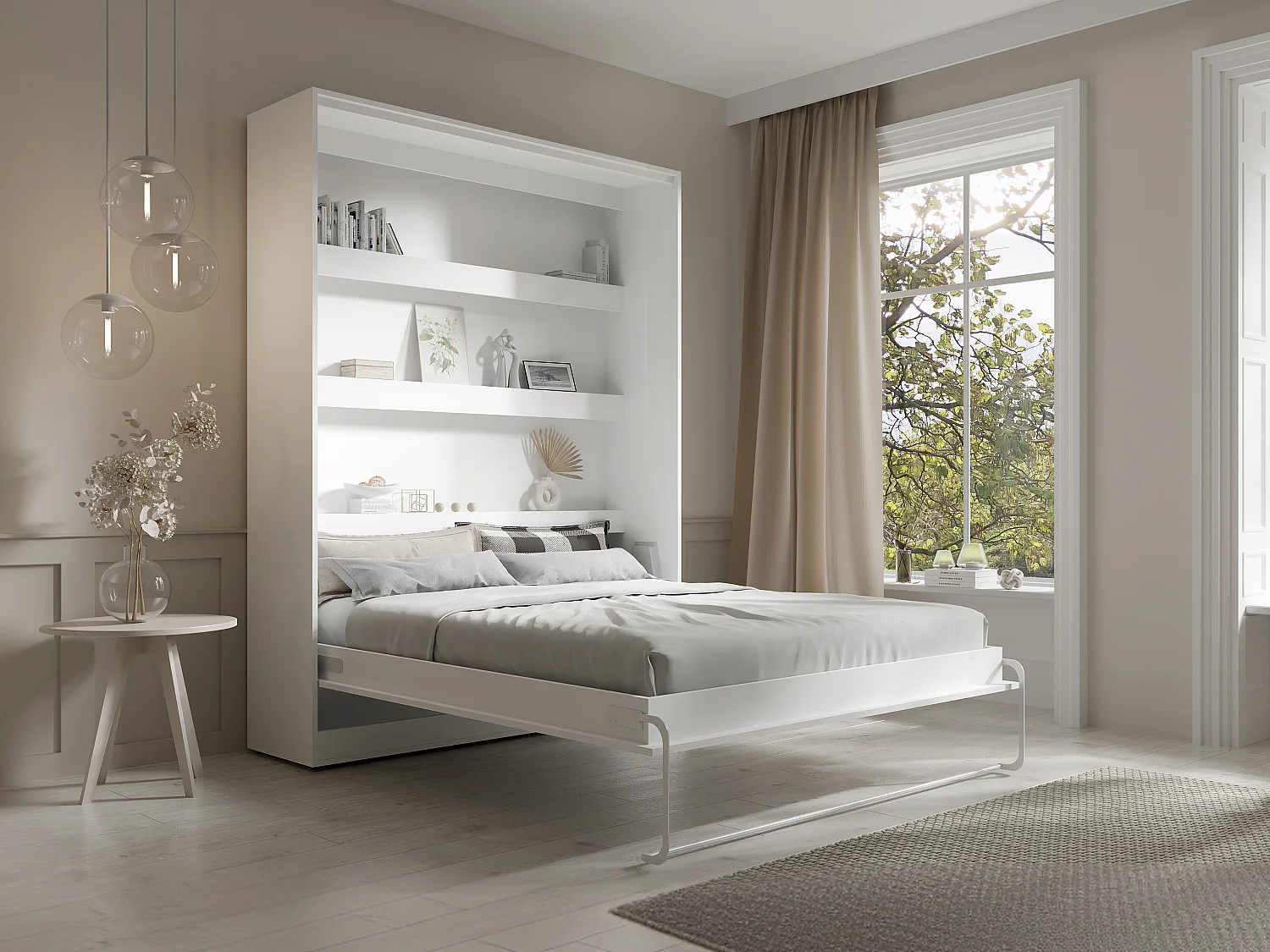 Lit escamotable 160 x 200 cm - Ouverture verticale manuelle - Avec LEDs - Blanc - RAPILI